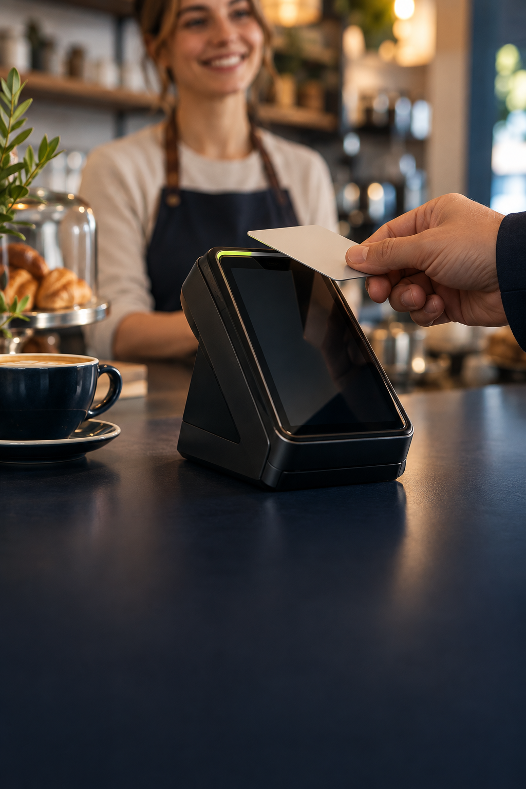 Customer tapping a card on a modern payment terminal at a small business